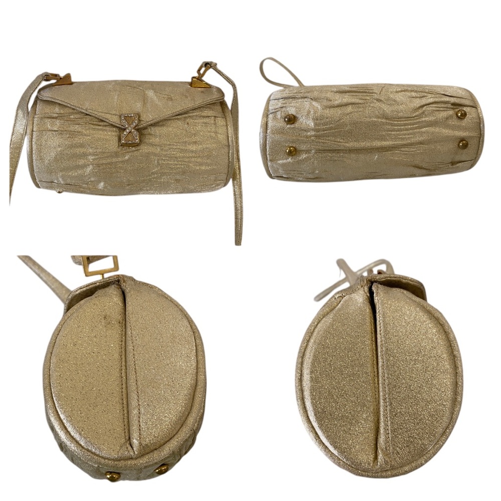 VINTAGE 1960s Lou Taylor gold ruched mini small cocktail bag w/ built in MIRROR - Picture 3 of 15